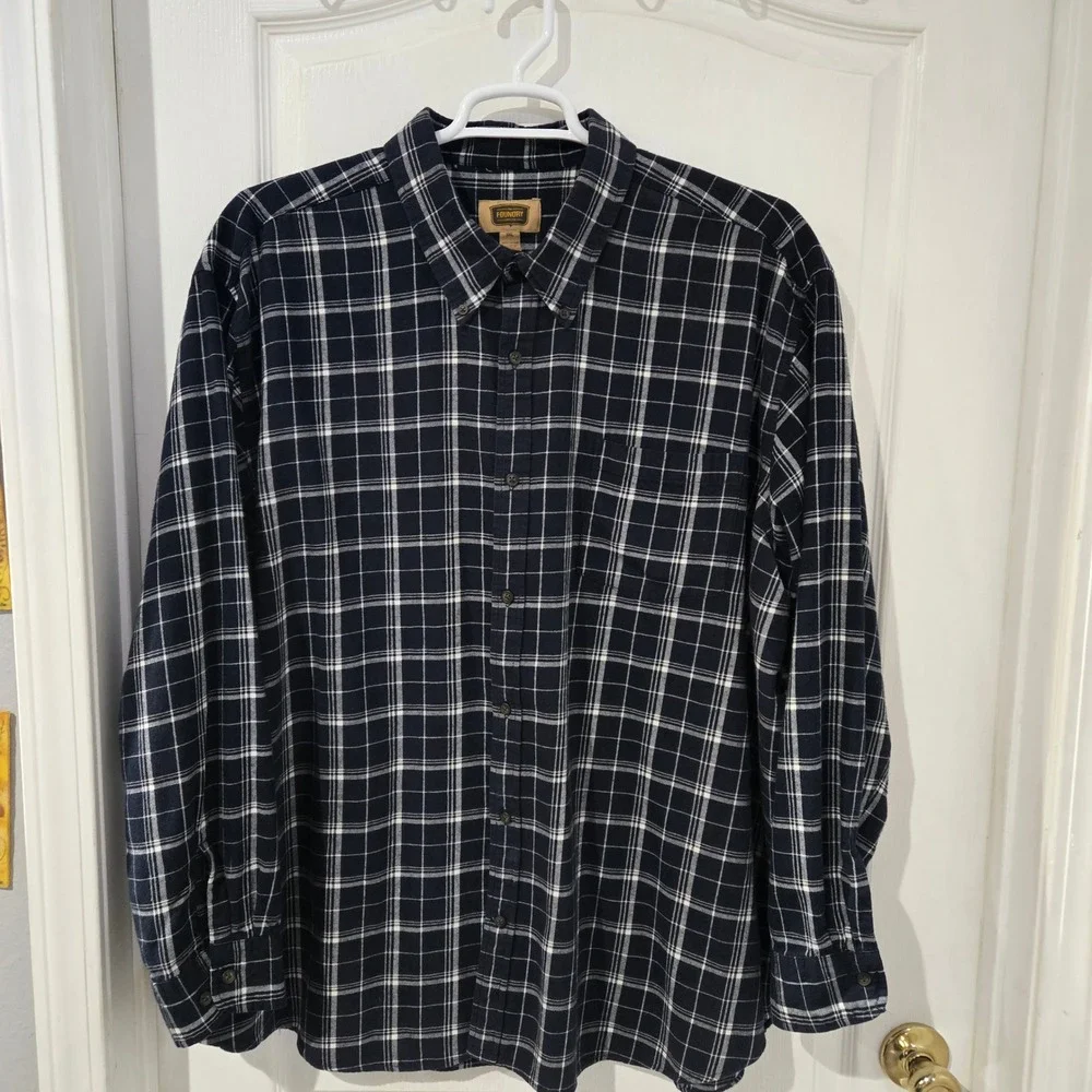 The Foundry Plaid Button Down Mens 3XL Navy Blue Excellent Flannel Shirt Thick